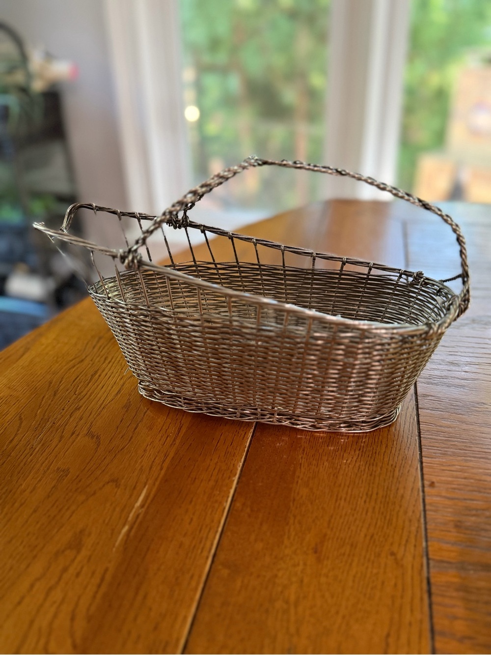 Vintage French Woven Silver Plated Metal Wine Bottle Carrier Basket in VGUC
